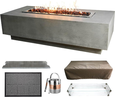 Fire Pit Bundle Outdoor Firepit Set Includes 60” Natural Gas Concrete Firepit Table, Glass Windscreen, Stainless Steel Cover, Canvas Cover, Floor Mat, Ice Bucket