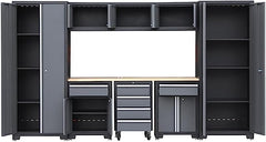9-Piece Workshop Cabinet Set in Grey with Workbench - Perfect for Organizing Tools - Included Steel Cabinets Drawers Shelving Rolling Chest - 130"W 18"D 76"H Assembled Garage Shop Cabinets