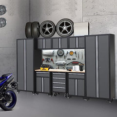9-Piece Workshop Cabinet Set in Grey with Workbench - Perfect for Organizing Tools - Included Steel Cabinets Drawers Shelving Rolling Chest - 130"W 18"D 76"H Assembled Garage Shop Cabinets