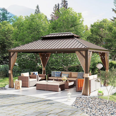 12’ x 16’ Hardtop Gazebo, Outdoor Aluminum Gazebo with Galvanized Steel Double Vented Roof Canopy, W/Shaded Curtains and Netting, Pergola for Patio, Garden, Yard, Lawn,Party, BBQ (Brown)